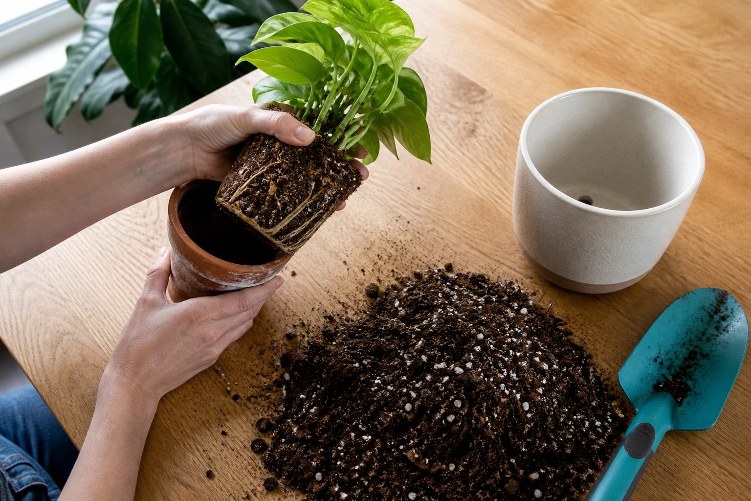Trasplante de planta de interior: raíces, tierra nueva y maceta más grande