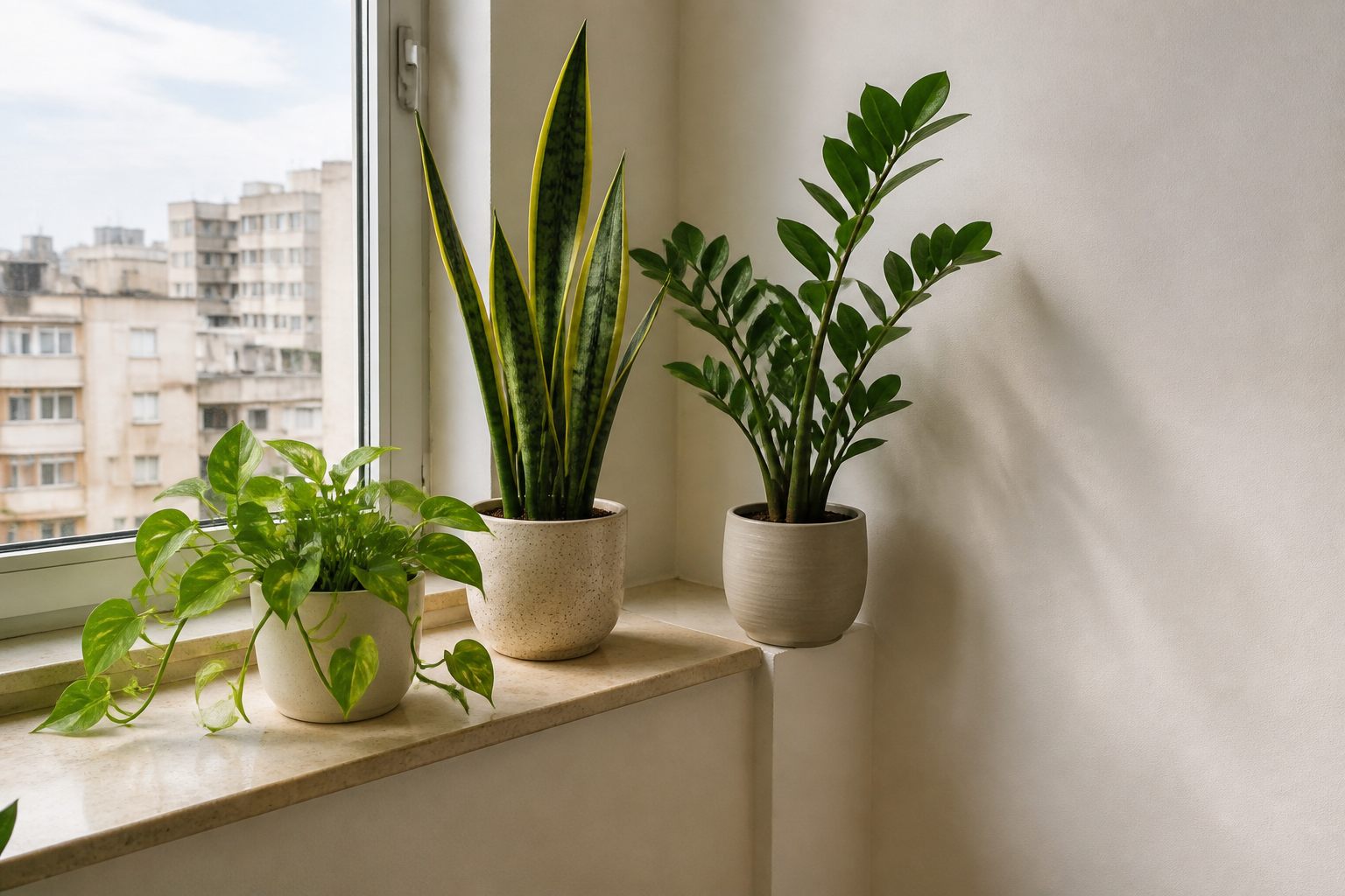 Plantas de interior fáciles en macetas junto a una ventana: potus, sansevieria y zamioculca