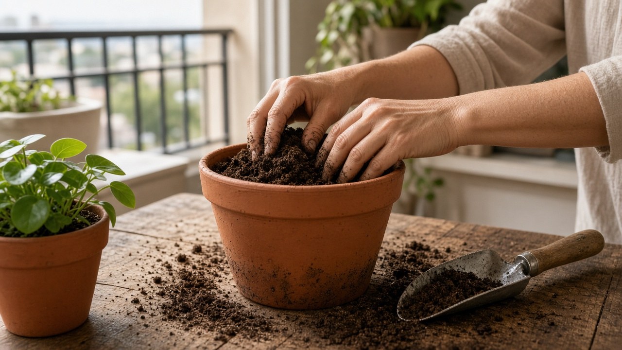 Manos llenando una maceta de barro con tierra suelta para plantas de interior