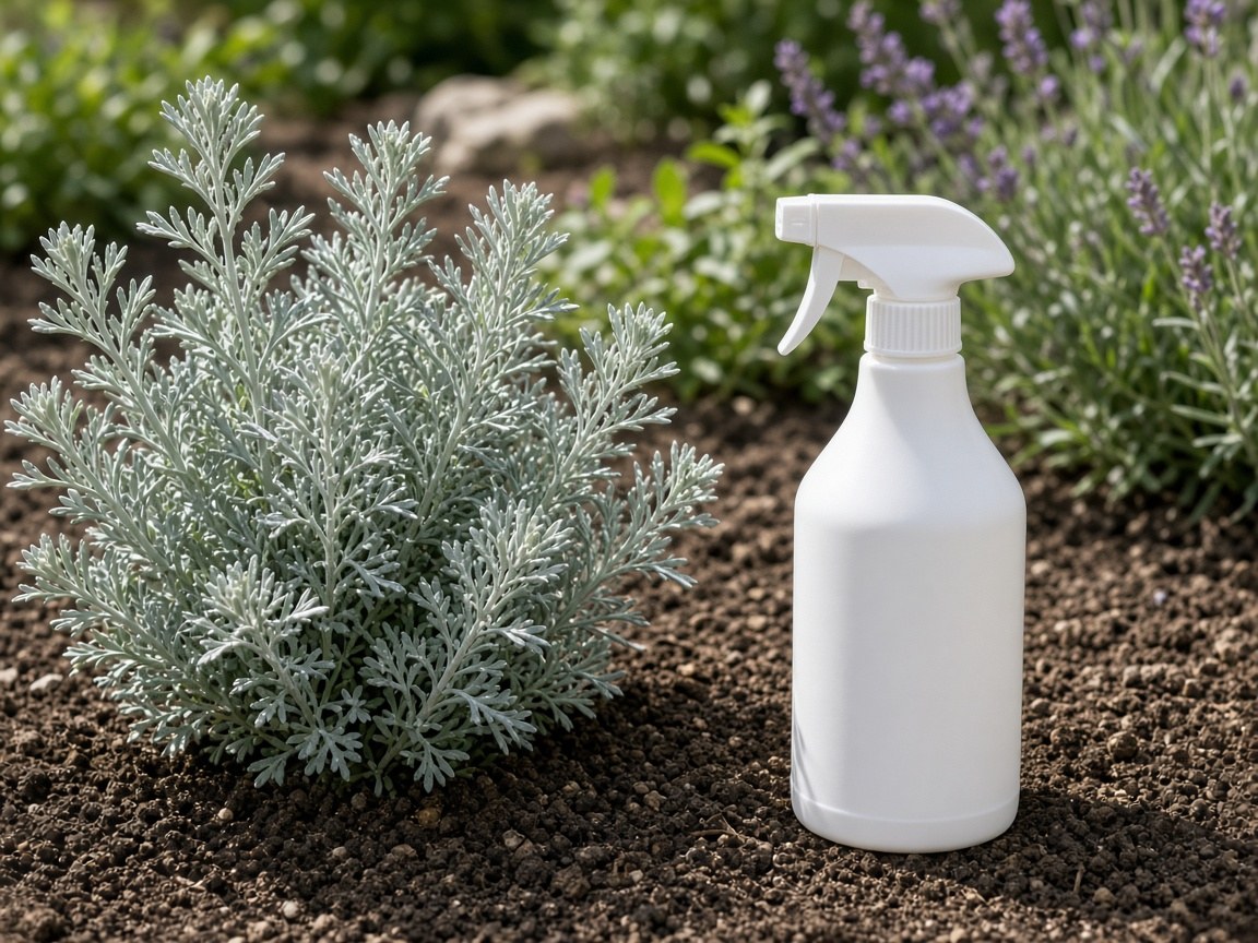 Ajenjo de hojas gris plateadas junto a un pulverizador en la huerta