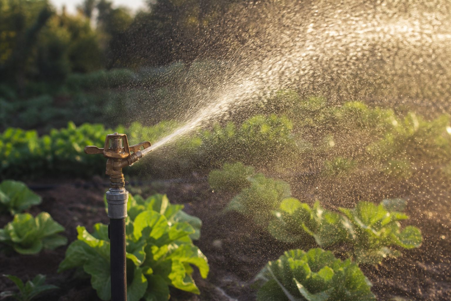 Sistema de riego por aspersión en una huerta: aspersor pulverizando agua