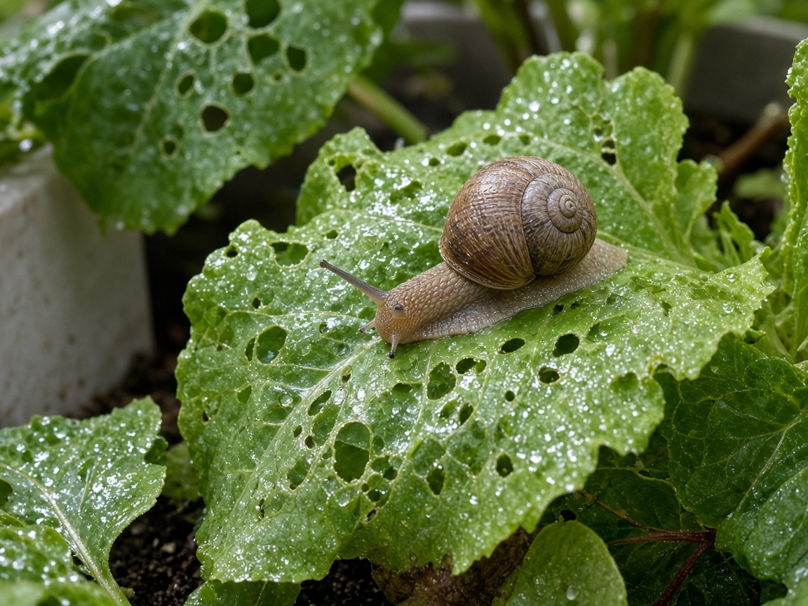 Caracol sobre hoja de hortaliza con daño por mordida