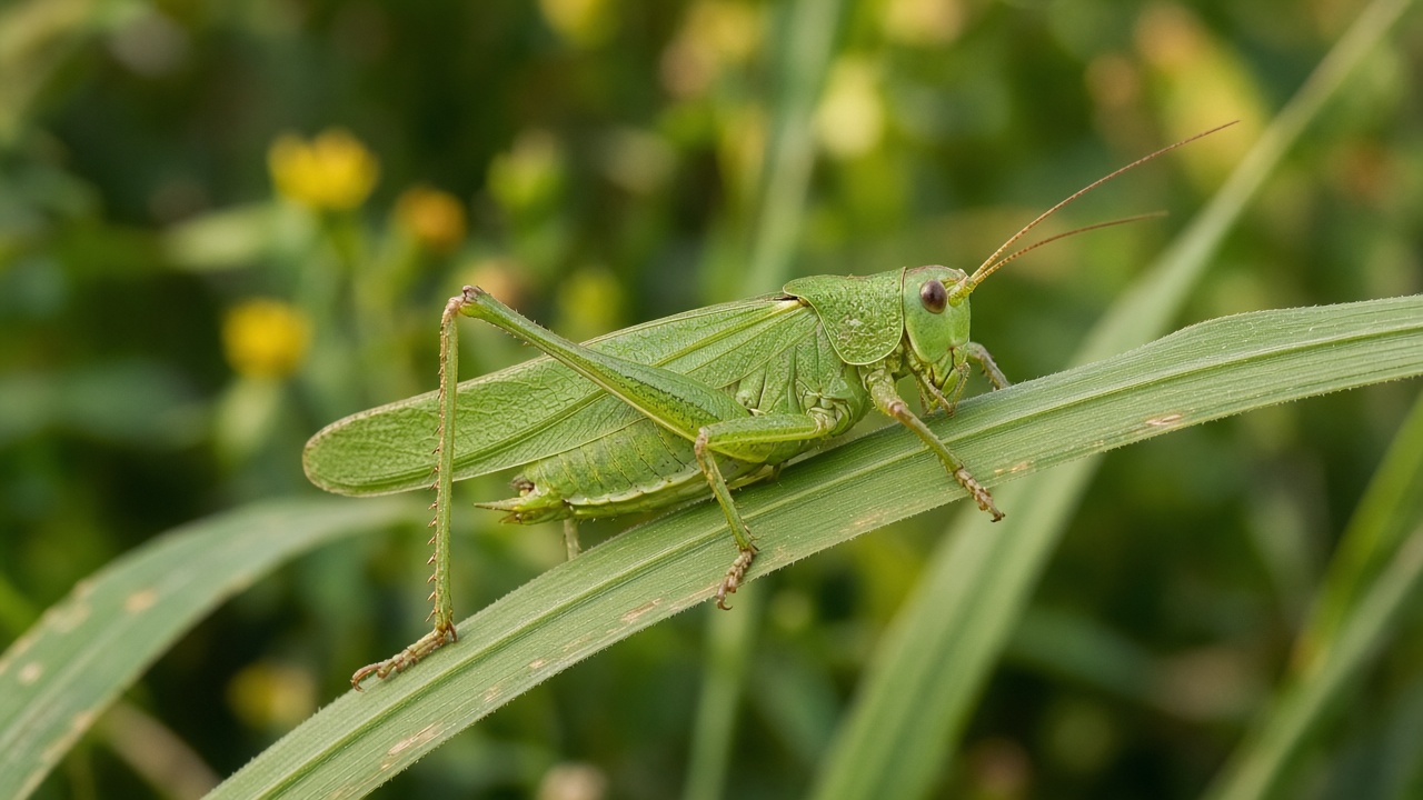 Saltamontes verde (chapulín) posado sobre una hoja de pasto al sol