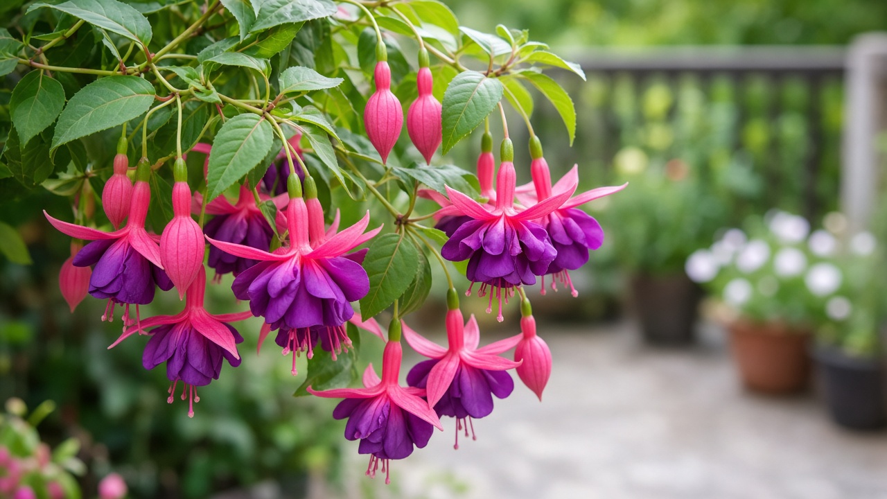 Fucsia con flores colgantes rosa y violeta en una maceta de jardín