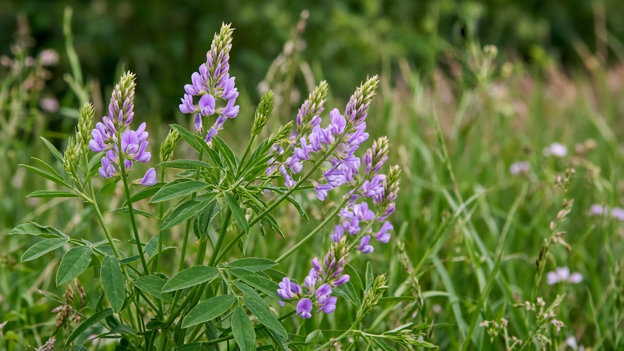 Galega officinalis con racimos de flores lila y hojas compuestas de muchos folíolos