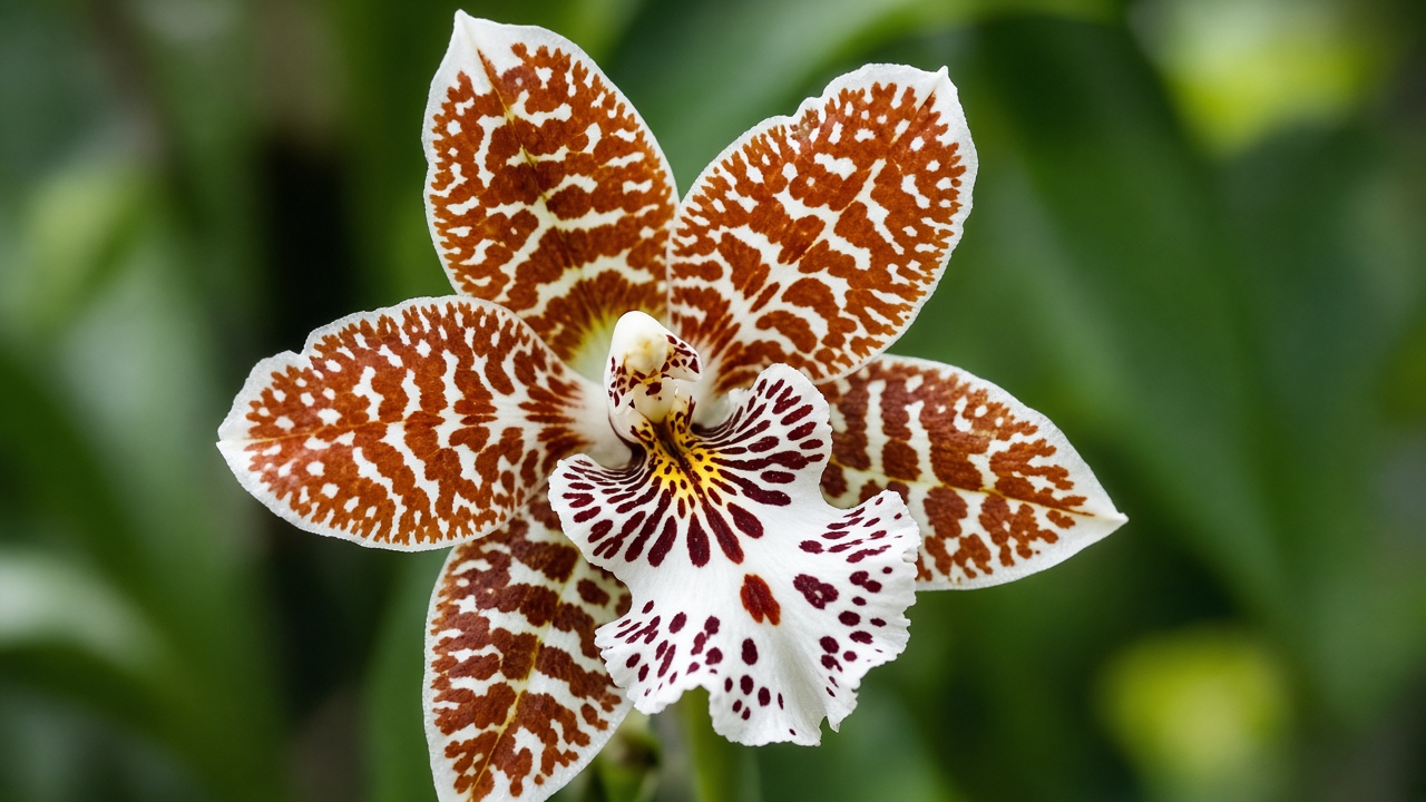 Flor de orquídea tipo odontoglossum con pétalos manchados naranja, marrón y blanco