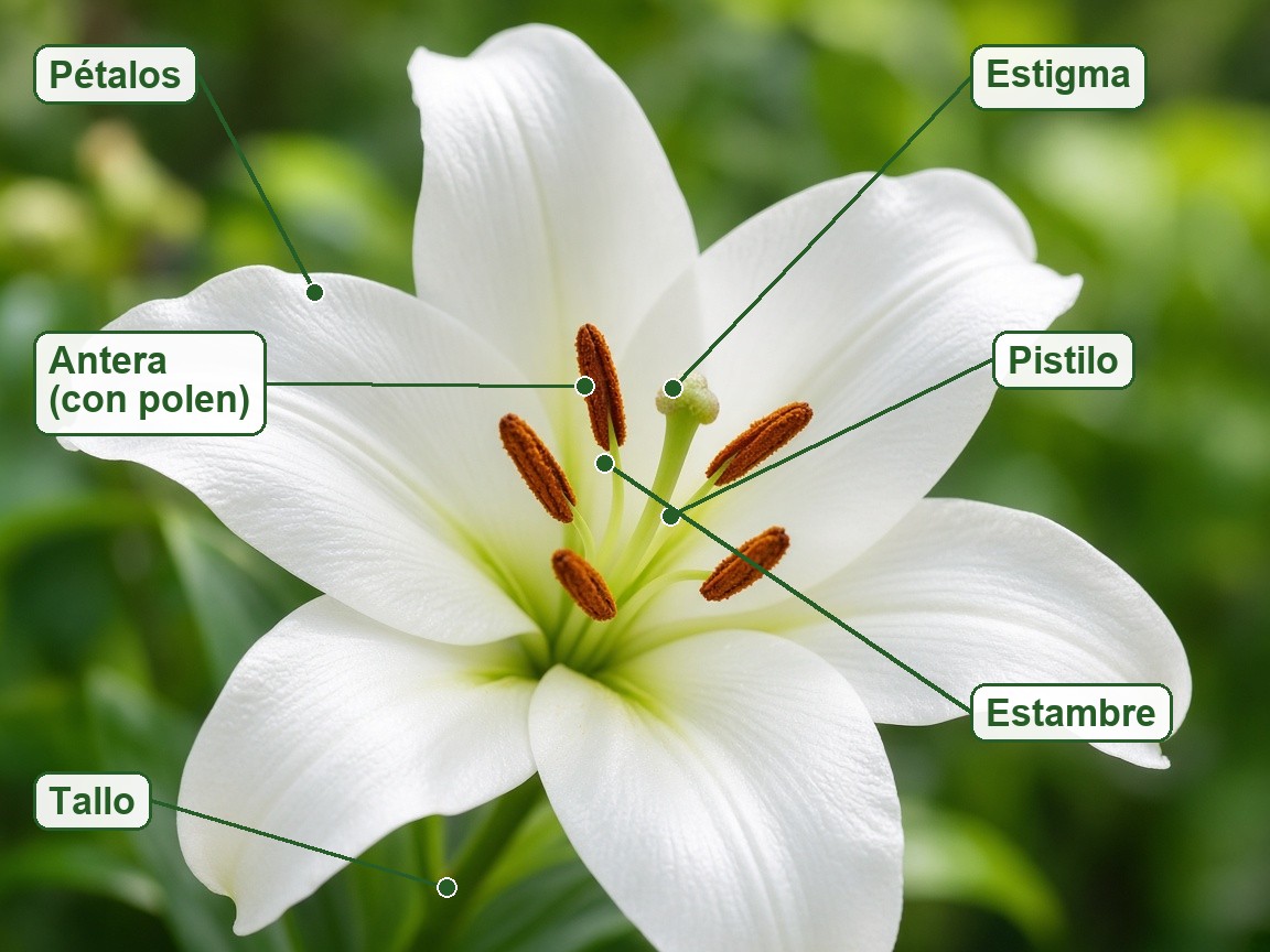 Flor de lirio con las partes señaladas: pétalos, antera, estambre, estigma, pistilo y tallo