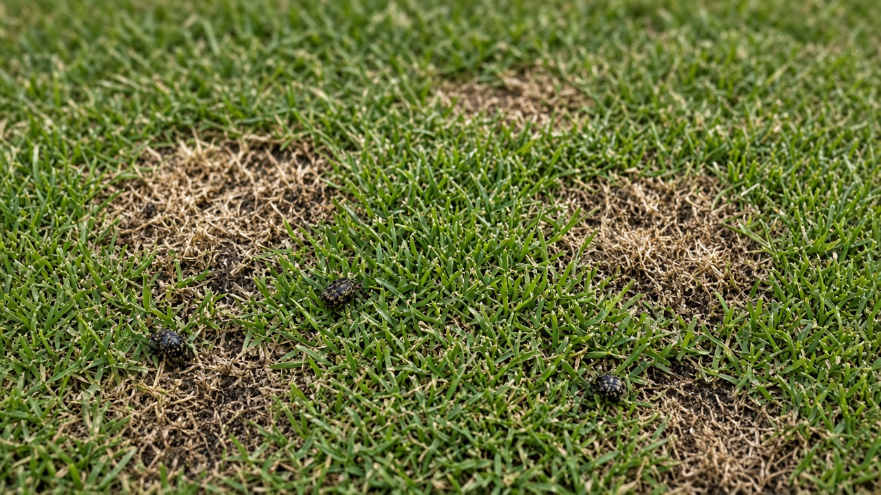 Césped con manchas deterioradas y detalle de insectos sobre hojas de pasto
