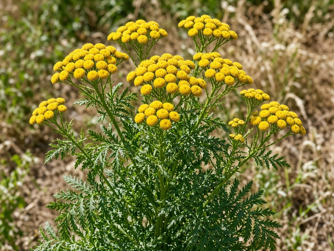 Tanaceto en flor con botones amarillos en la huerta