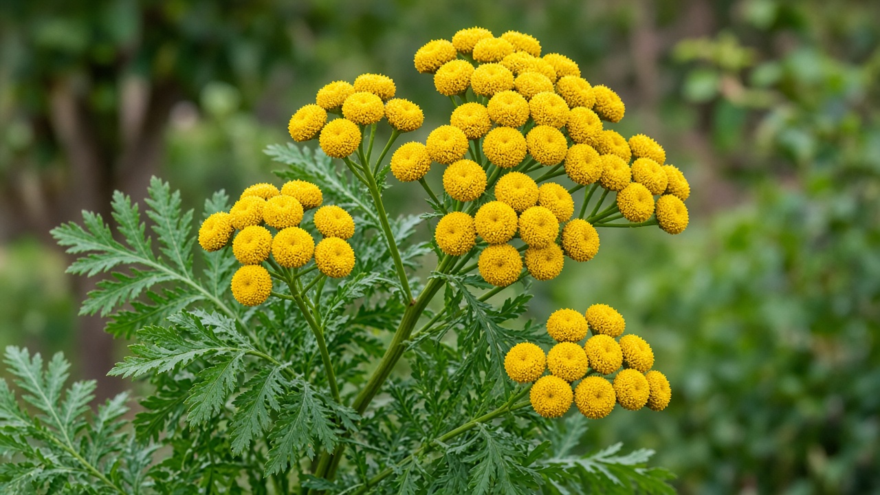 Tanaceto (Tanacetum vulgare) con flores amarillas en botones y hojas muy divididas